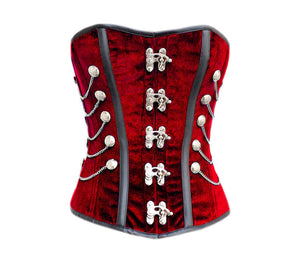 Red Velvet Black Faux Leather Strips Gothic Valentine Costume Corset Overbust