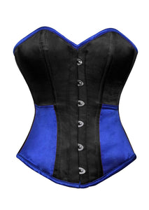 Black Blue Satin Corset Gothic Burlesque Waist Training Bustier Overbust Top - CorsetsNmore