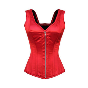 Plus Size Red Satin Shoulder Straps Overbust Corset Burlesque Costume Waist Training Bustier - CorsetsNmore