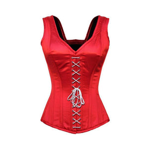 Plus Size Red Satin Corset Shoulder Straps Gothic Burlesque Waist Training Overbust