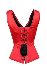Plus Size Red Satin Shoulder Straps Overbust Corset Burlesque Costume Waist Training Bustier - CorsetsNmore
