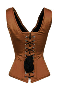 Plus Size Brown Satin Shoulder Straps Overbust Corset Burlesque Costume Waist Training Bustier - CorsetsNmore