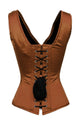 Plus Size Brown Satin Shoulder Straps Overbust Corset Burlesque Costume Waist Training Bustier - CorsetsNmore