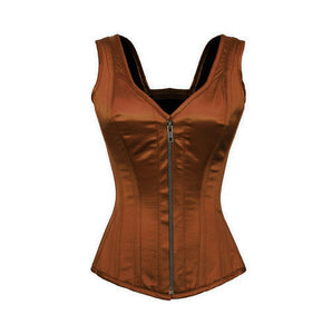 Plus Size Brown Satin Shoulder Straps Overbust Corset Burlesque Costume Waist Training Bustier - CorsetsNmore