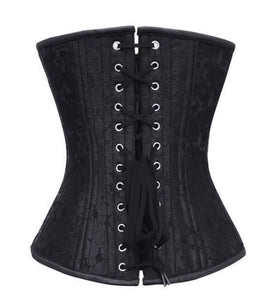 Black Brocade Spiral Steel Boned Corset Waist Training Overbust Top - CorsetsNmore