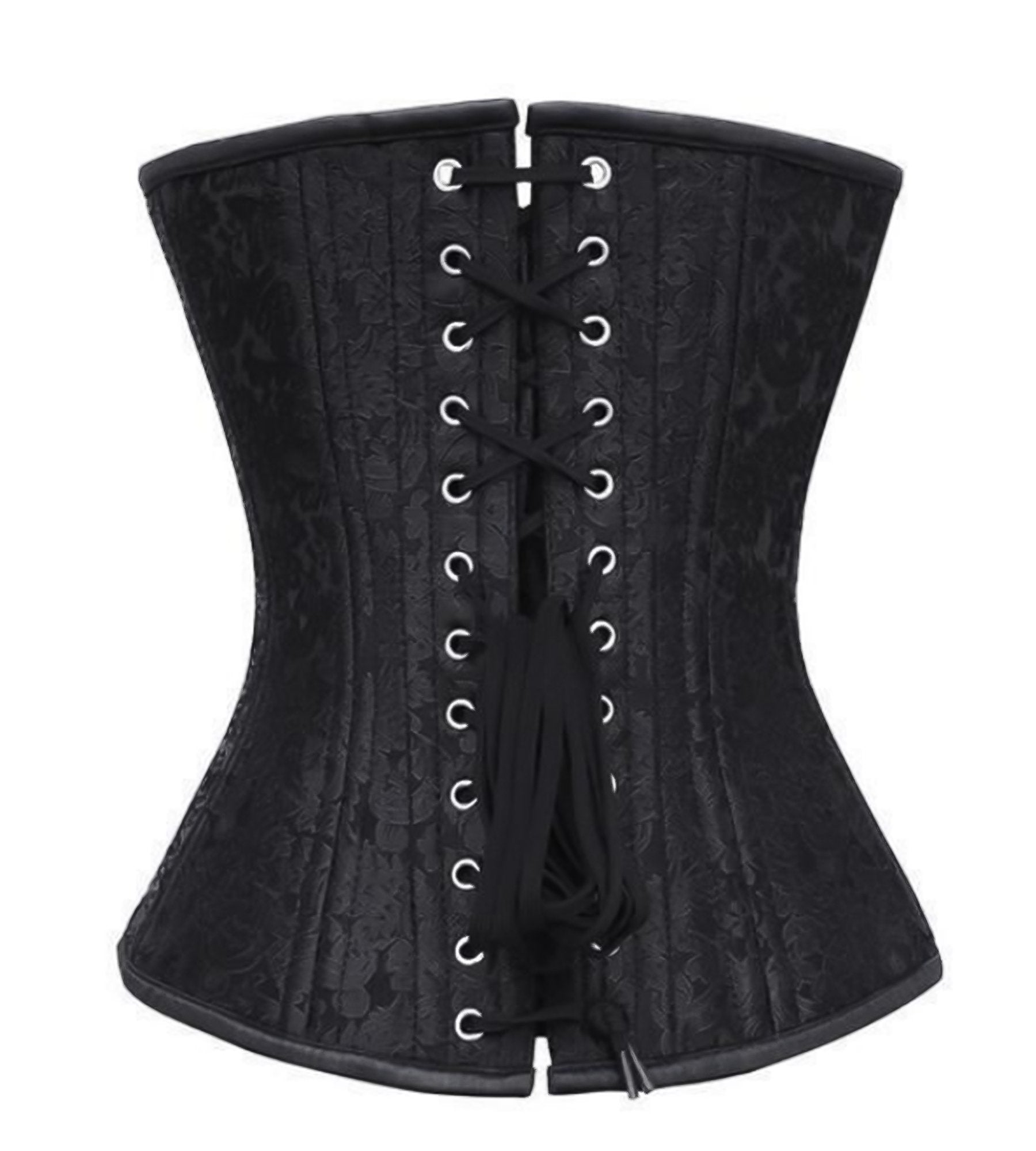 Black Brocade Spiral Steel Boned Overbust Plus Size Corset Front Lace Opening Waist Training Bustier Top