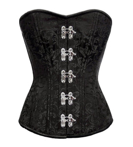 Plus Size Black Brocade Spiral Steel Boned Overbust Corset Silver Clasps Front Opening Waist Training Bustier Top