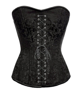 Plus Size Black Brocade Spiral Steel Boned Overbust Corset Black Lace Front Opening Waist Training Bustier Top