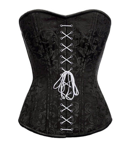 Plus Size Black Brocade Spiral Steel Boned Overbust Corset White Lace Front Opening Waist Training Bustier Top