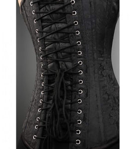 LONGLINE Corset Black Brocade Gothic Burlesque Costume Waist Training Bustier Overbust Top-