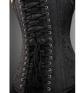 Black Brocade Gothic Burlesque Costume Waist Training LONGLINE Overbust Corset Top-