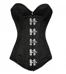 Black Brocade Gothic Plus Size Overbust Corset Waist Training Bustier Silver Clasps Burlesque Costume LONGLINE Top - CorsetsNmore
