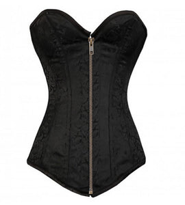 Plus Size Black Brocade Gothic Overbust Corset Burlesque Costume Waist Training Antique Zipper Opening LONGLINE Bustier Top