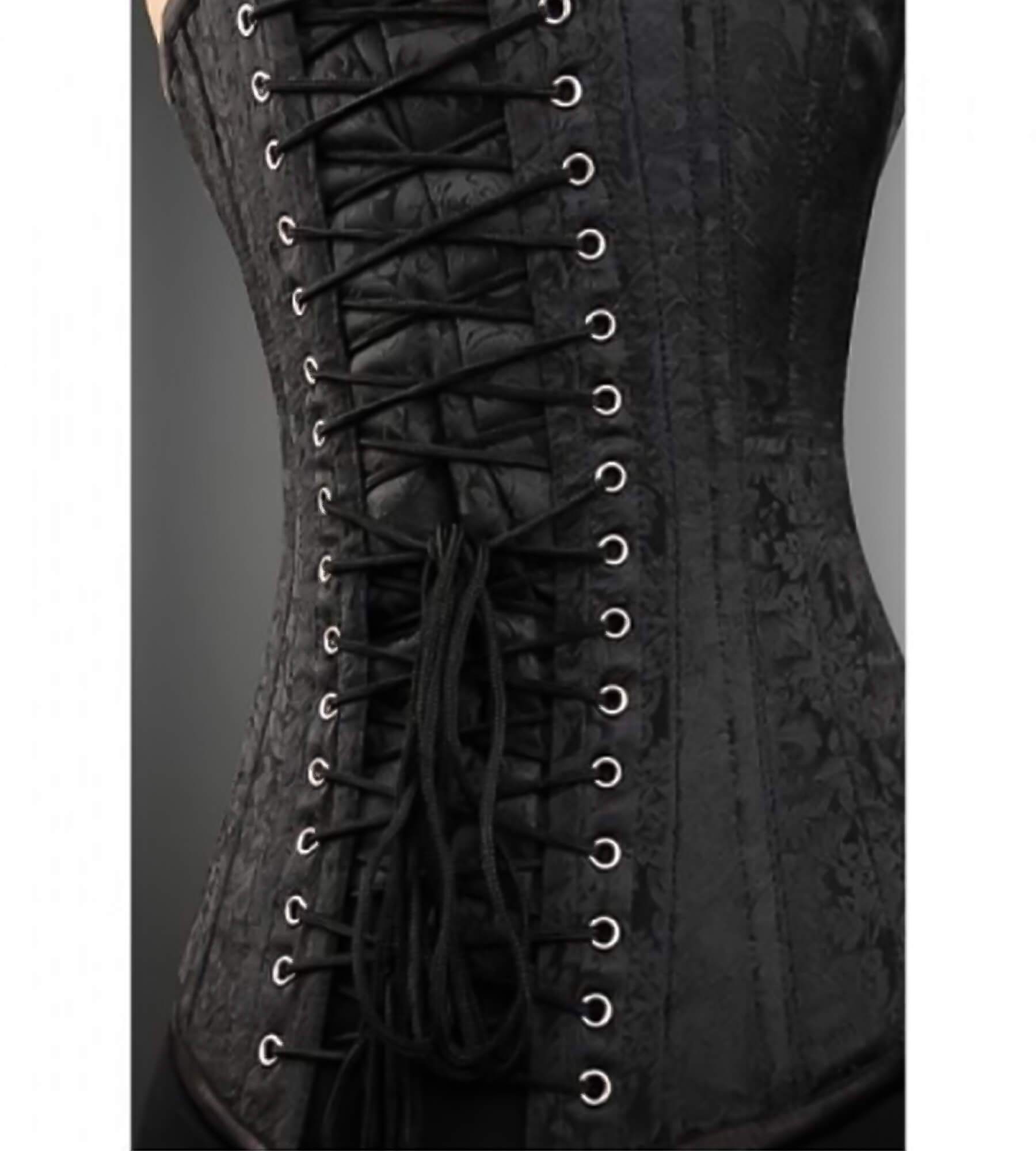 Black Brocade Gothic Burlesque LONGLINE Corset Waist Training Zipper  Opening Top