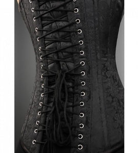 Black Brocade Gothic Plus Size Overbust Corset Burlesque Costume Waist Training Front Closed LONGLINE Bustier Top - CorsetsNmore