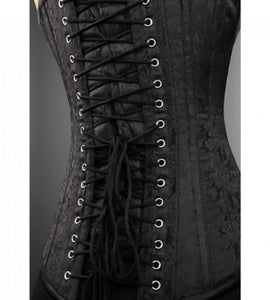 Plus Size Black Brocade Gothic Overbust Corset Burlesque Costume Waist Training Bustier Front Black Lace LONGLINE Top