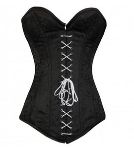 Plus Size Black Brocade Gothic Overbust Corset Burlesque Costume Waist Training Front White Lace LONGLINE Bustier Top
