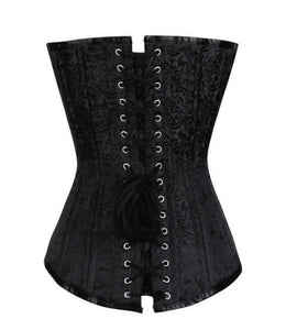 Black Brocade Spiral Steel Boned LONGLINE Corset Goth Burlesque Waist Training Costume Overbust Bustier Top-