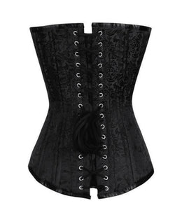 Black Brocade Spiral Steel Boned Plus Size Corset Costume Seal Lock LONGLINE Overbust Bustier Top - CorsetsNmore