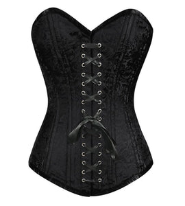 Black Brocade Spiral Steel Boned Plus Size Corset Front Black Lace Goth Burlesque Costume Waist Training LONGLINE Overbust Bustier Top - CorsetsNmore