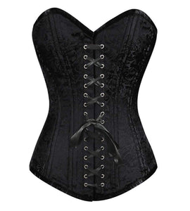 Black Brocade Spiral Steel Boned LONGLINE Corset Waist Training Front Black Lace Gothic Burlesque Costume Overbust Bustier Top-