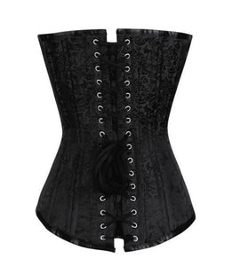 Black Brocade Spiral Steel Boned Plus Size Corset Front Black Lace Goth Burlesque Costume Waist Training LONGLINE Overbust Bustier Top - CorsetsNmore