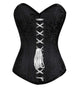 Black Brocade Spiral Steel Boned LONGLINE Corset Waist Training Front White Lace Goth Burlesque Costume Overbust Bustier Top-