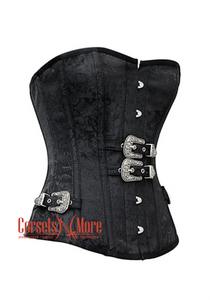 Plus Size Black Brocade Silver Buckles Gothic Costume Waist Training Bustier Overbust Corset Top