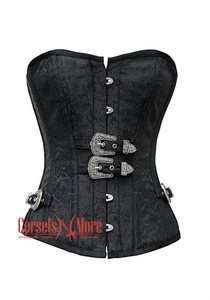 Plus Size Black Brocade Silver Buckles Gothic Costume Waist Training Bustier Overbust Corset Top