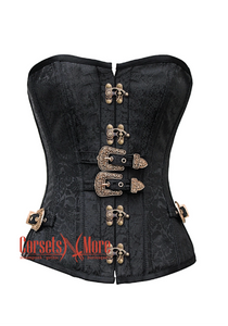 Black Brocade Antique Buckles Gothic Costume Waist Training Bustier Overbust Corset Top