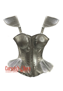 Plus Size Silver Leather Overbust Corset with Shoulder Pads Bustier Costume