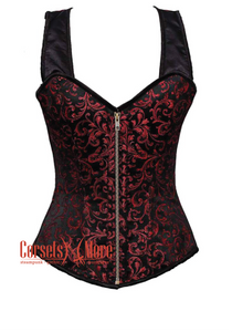 Plus Size Red and Black Brocade With Shoulder Straps Antique Zipper Overbust Corset