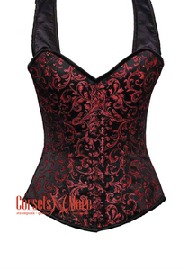 Red and Black Brocade with NO Front Opening Overbust Corset With Shoulder Straps