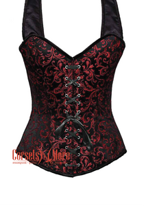 Red and Black Brocade with Black Lace at Front Overbust Corset With Shoulder Straps