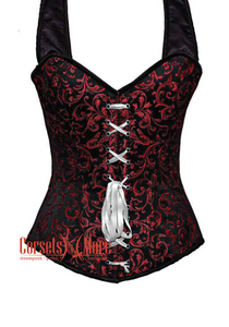 Red and Black Brocade with White Lace Overbust Corset With Shoulder Straps