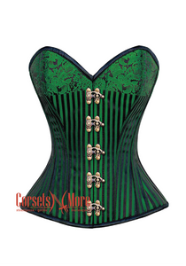 Plus Size Green And Black Brocade Antique Clasps Steampunk Overbust Costume Corset