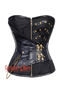 Black Brocade Leather With Antique Zipper Steampunk Overbust Costume Corset