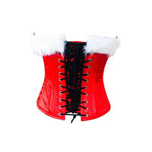 Plus Size Red Satin White Fur Valentine Costume Overbust Bustier Halloween Corset Top