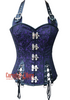 Purple Black Brocade Black Leather Belts halter Neck Overbust Sexy Corset