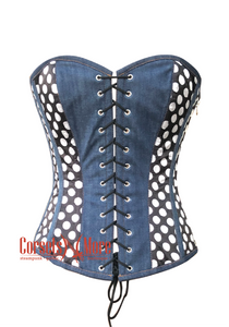 Blue Denim and Polka Dots Satin Gothic Retro Costume Waist Training Plus Size Overbust Bustier Top