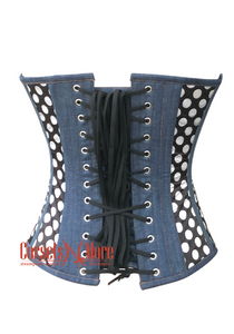 Blue Denim and Polka Dots Satin Gothic Retro Costume Waist Training Overbust Bustier Top