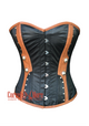 Plus Size Black Satin Brown Leather Steampunk Costume Overbust Corset Top