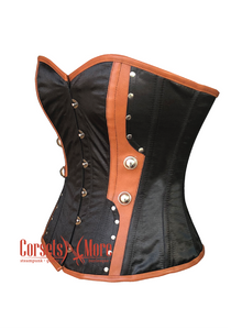 Black Satin Brown Leather Steampunk Costume Overbust Corset Top