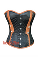 Black Satin Brown Leather Steampunk Costume Overbust Corset Top