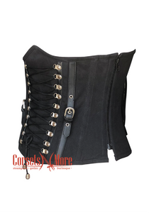 Black Cotton Twill with Leather Belts Design and Side Zipper Underbust Corset Top