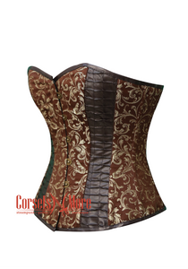 Brown & Golden Brocade and Leather Corset Overbust Bustier Top