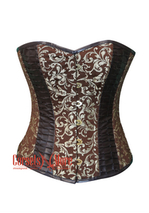 Plus Size Brown & Golden Brocade and Leather Corset Overbust Bustier Top