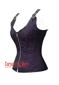 Purple and Black Brocade Overbust Corset With Straps Boned Outerwear Costume Bustier Top