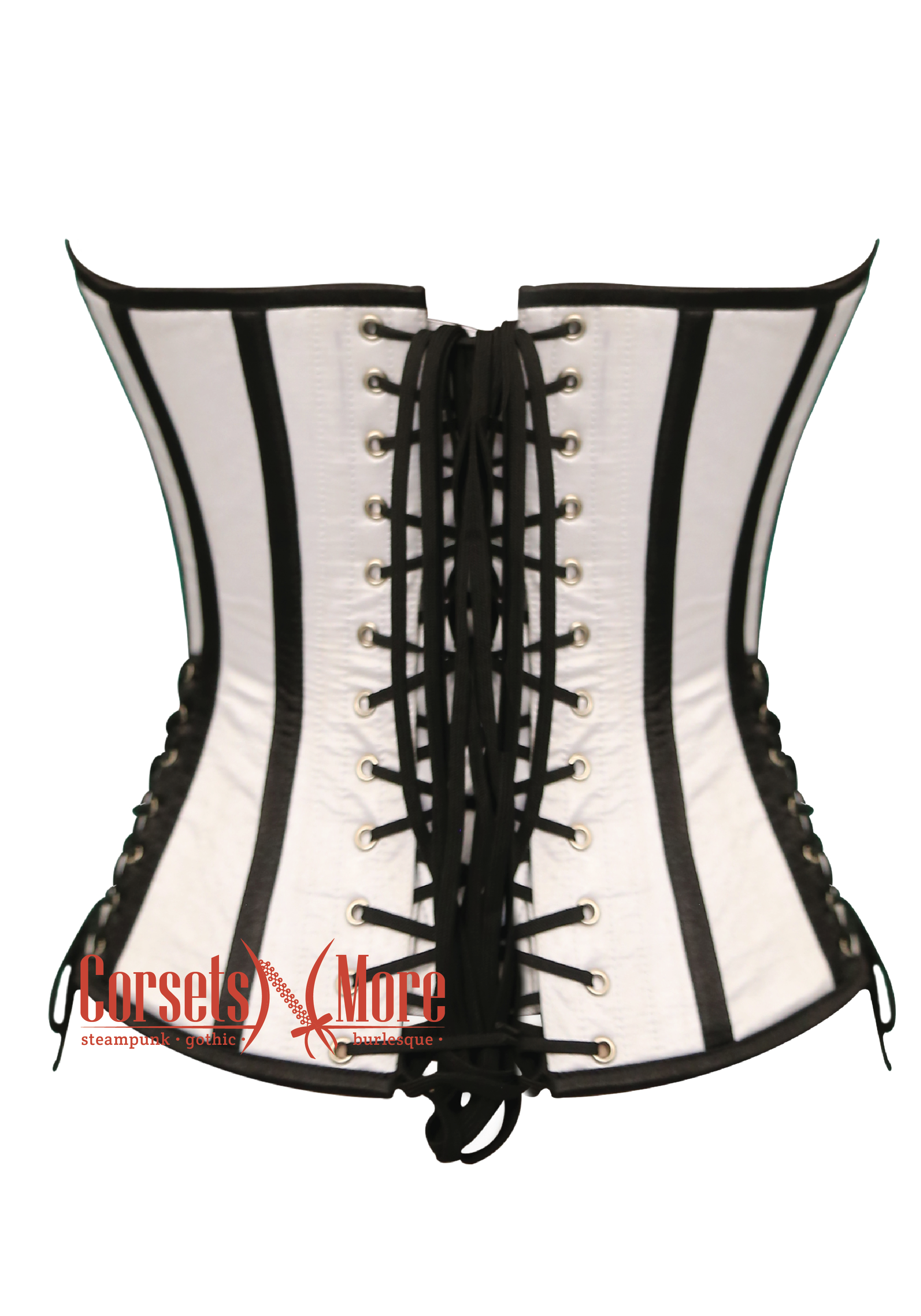 White Satin Black Leather Steampunk Costume Gothic Overbust Corset