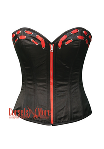Black Satin With Red Lace Front Zipper Overbust Gothic Corset Burlesque Costume